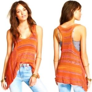 Free People Tank Top Lovebird Knit Oversized Scoop Shark Bite Hem Orange Purple